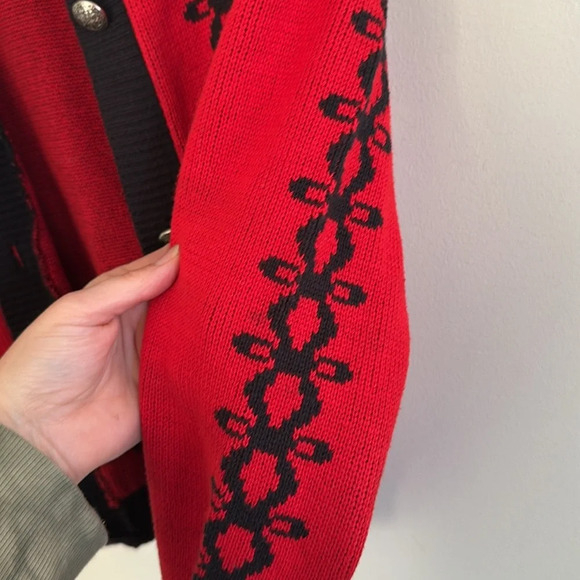 Vintage 90s cotton made in USA red/black chunky knit cardigan sweater sz small - Picture 4 of 8